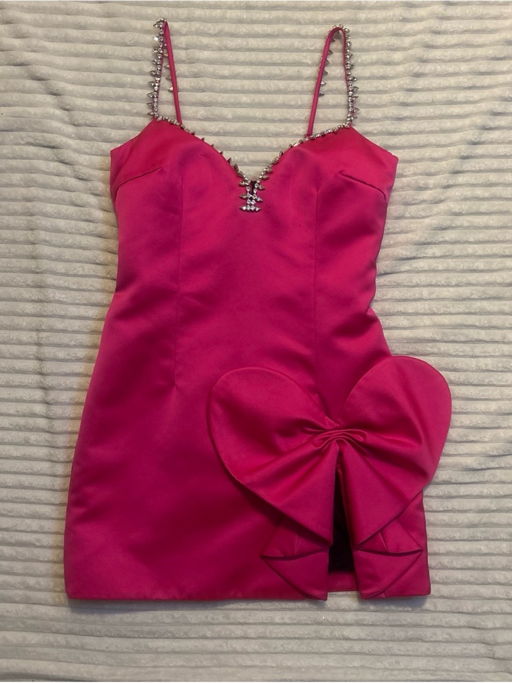 AREA Hot Pink Satin Mini Dress with Heart Bow & Rhinestone Straps